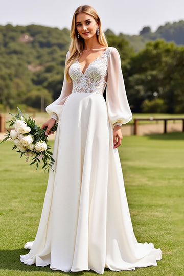 Ivory  V Neck Chiffon Sweep Train Boho Wedding Dress with Lace
